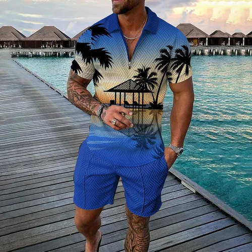 Vista 2 de Conjunto deportivo de 2 piezas para hombre, camiseta polo y pantalón corto, con cremallera de un cuarto, casual, elegante, grande y alto