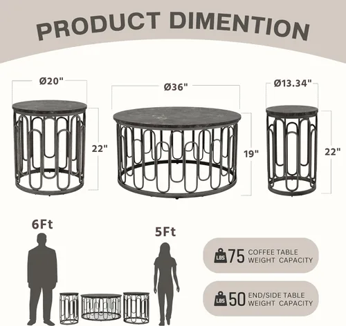 Vista 3 de Furniture of America Davis - Juego de mesa moderno de 3 piezas con parte superior de mármol, patas de metal resistentes y estante abierto para sala