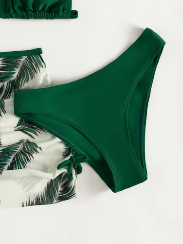 Vista 4 de SHENHE Traje de baño de 3 piezas con estampado de hojas, corte alto, triángulo, con falda de playa