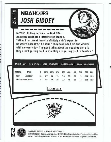 Vista 2 de JOSH GIDDEY 2021-22 Panini NBA Hoops #202 Rookie Card RC OKC Oklahoma City Thunder Basketball
