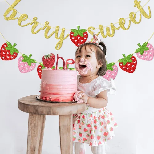 Vista 5 de Banner dulce de fresa y bayas, decoraciones de fiesta de fresa Suministros de fiesta temática de bayas de verano con purpurina dorada para baby