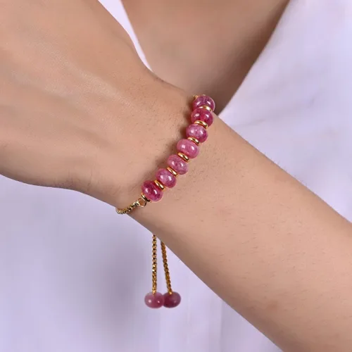 Vista 4 de Gempires - Pulsera de cuentas redondas naturales, chapada en oro amarillo de 14 quilates, joyería hecha a mano, pulseras ajustables para mujer