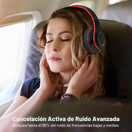 Vista 7 de Auriculares Bluetooth sobre la oreja, auriculares con luces LED y micrófono incorporado, ligeros, Bluetooth 5.0, auriculares HiFi estéreo