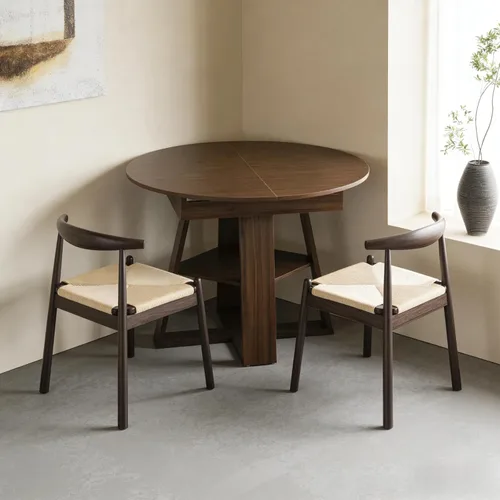 Vista 7 de Juego de mesa de comedor, juego de mesa de cocina redonda a ovalada expandible con 2 sillas de cuerda tejida, mesa de pedestal de madera con estante