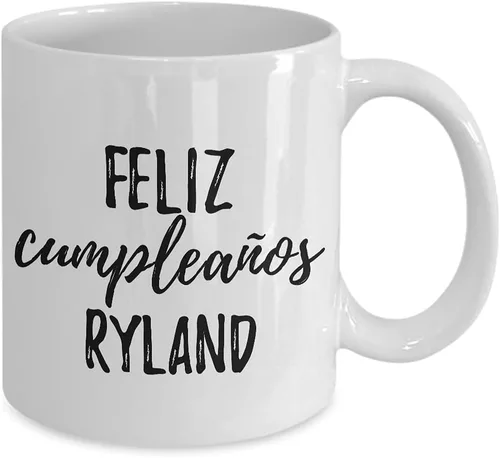 Vista 2 de Feliz Cumpleanos Ryland Mug Spanish Happy Birthday Personalized Name Gift Coffee Tea Cup 11 oz