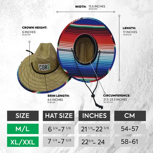 Vista 2 de COR Surf Sombreros de paja para hombres y mujeres, sombrero de sol clásico salvavidas con UPF 50+ tela impresa debajo de la playa