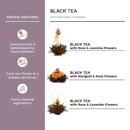 Vista 4 de Creano Abloom Tea - Set de regalo floreciente en caja de madera, 12 piezas en 3 variaciones, negro