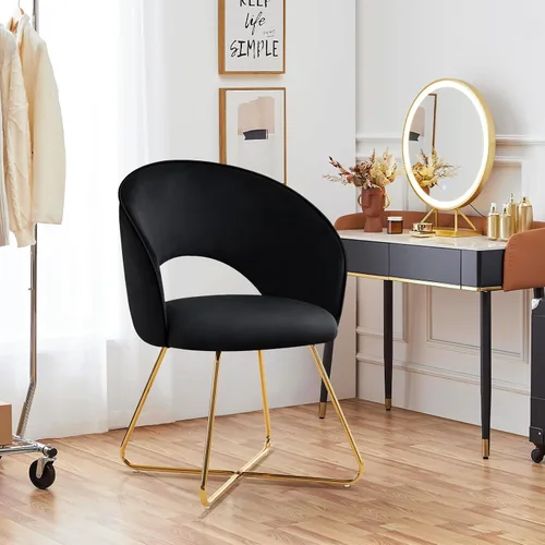 Vista 7 de Furniliving Silla decorativa de terciopelo para sala de estar, cómoda silla tapizada de barril con respaldo, silla de maquillaje negra de mediados