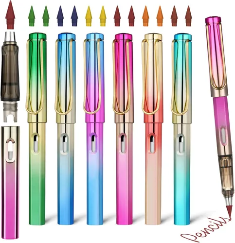 Vista 17 de Ainiv Lápiz de color sin tinta, 12 juegos de lápiz infinito sin afilar, reutilizable, con 12 puntas reemplazables de color extra para escribir