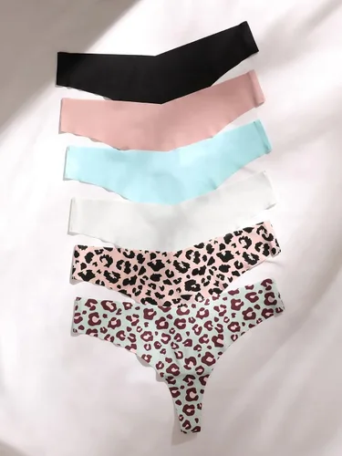 Vista 4 de Milumia Tangas sin costuras con estampado de leopardo para mujer, 6 piezas, ropa interior de tiro bajo