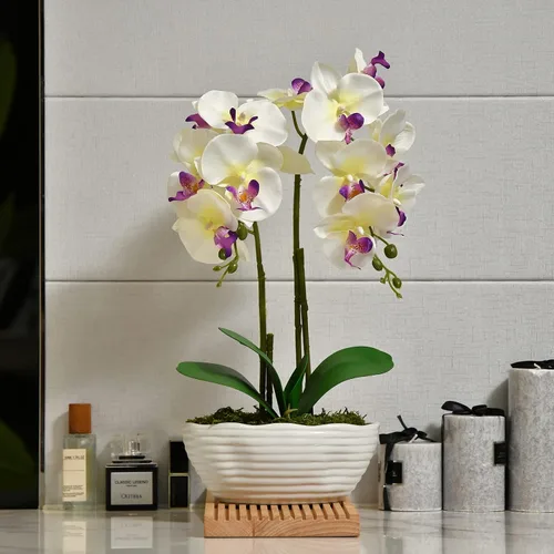 Vista 6 de Planta de orquídea artificial grande en maceta, arreglo floral de seda con jarrón de cerámica, color blanco