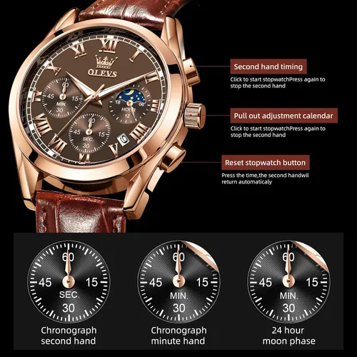 Vista 4 de OLEVS Relojes para hombre, correa de cuero, reloj analógico de cuarzo, reloj impermeable con esfera grande de moda, relojes luminosos de lujo