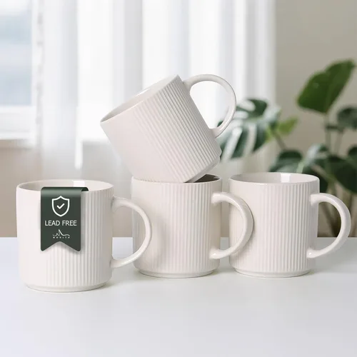 Vista 14 de MONITO - Juego de 4 tazas de café de 16 onzas, juego de tazas de café rústicas de cerámica con asa Vintage Striped Stoneware Large Coffee Mugs for