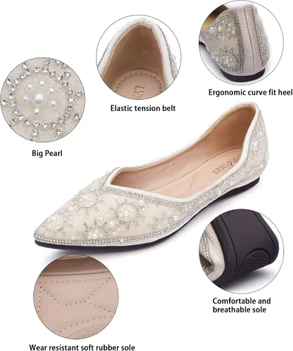 Vista 3 de Flats Shoes Women Rhinestone Fashion Wedding Shoes Rhinestone Pearl Diamond Pointed Head Ballet Flats