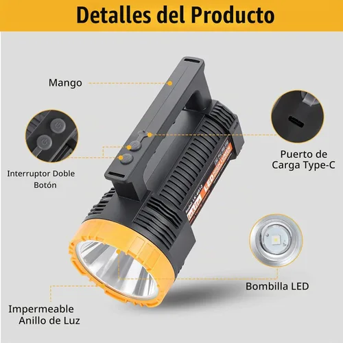 Vista 6 de Linterna LED recargable con pantalla de potencia, 4 modos de luz, linterna de mano de alto lúmen, interruptor doble, linterna impermeable portátil