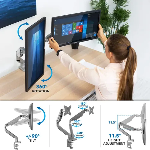 Vista 4 de Mount-It! Soporte de escritorio para monitor dual con puertos USB 3.0, soporte de monitor dual de movimiento completo para 2 pantallas de hasta 32