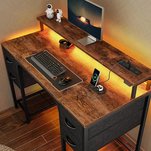 Vista 13 de Huuger Escritorio para computadora de 47 pulgadas con 4 cajones, escritorio para juegos con luces LED y tomas de corriente, escritorio de oficina