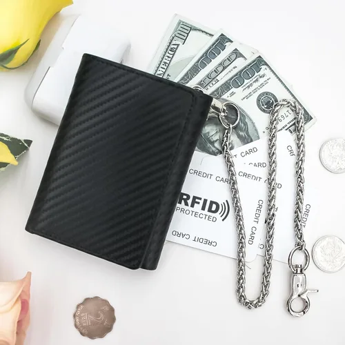 Vista 6 de boshiho Carteras de cuero auténtico con bloqueo RFID para hombre, billetera de doble pliegue con bolsillo para monedas con cremallera, con cadena