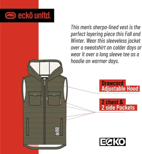Vista 5 de Ecko Unltd Sleeveless Sherpa Lined Puffer Vest Mens Winter Travel Vest