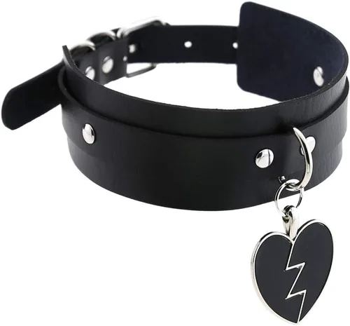 Vista 2 de SJYFAL Gargantilla de cuero para mujer, collar de corazón de roca para niñas punk, collar ajustable