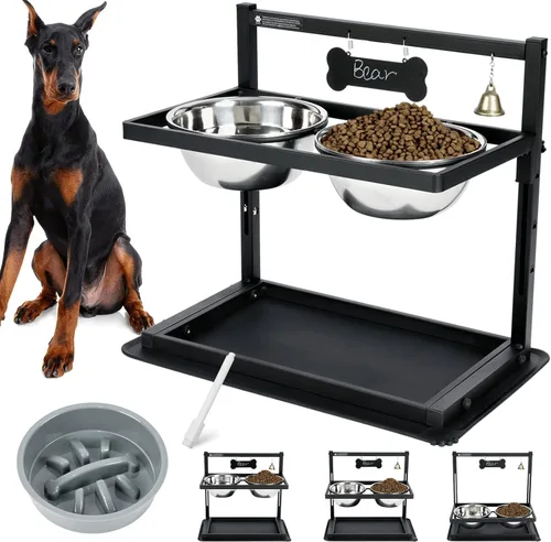 Vista 14 de Soporte elevado para perros medianos y grandes con comedero lento y tapete, altura ajustable de 3.9, 5.5, 7.1, 8.7, 10.2, 11.8 pulgadas, comederos