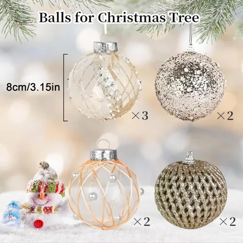 Vista 6 de Mupera Paquete de 9 adornos de Navidad con purpurina, bolas inastillables de lentejuelas doradas champán, decoración colgante de alta calidad