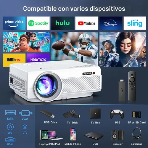 Vista 6 de FUDONI - Proyector Bluetooth WiFi nativo 1080P, altavoz incorporado, portátil Max 300" Screen, Compatible with HDMI, USB, AV, TF, VGA, Fire Stick