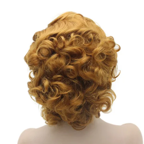 Vista 4 de Mxangel - Peluca de cabello sintético con encaje frontal natural, corto, rizado, rubio dorado