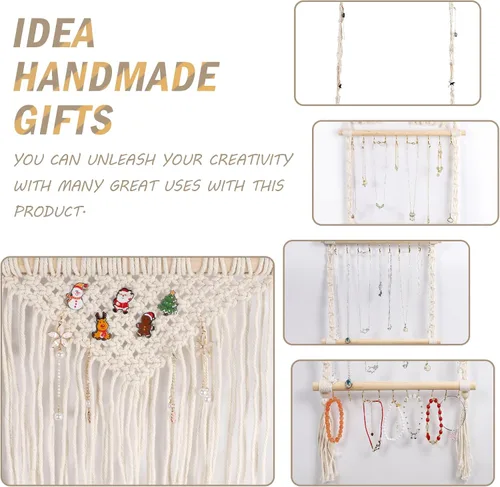 Vista 3 de Teniinet Organizador colgante de joyas, colgador de collar de macramé bohemio montado en la pared con 30 ganchos, soporte de joyería colgante