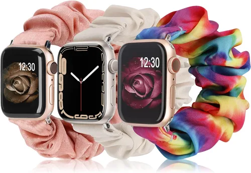 Vista 10 de TOYOUTHS - 3 paquetes compatibles con Apple Watch Band Scrunchies 1.496 in (38 mm) tela suave patrón impreso pulsera de tela para mujer iWatch