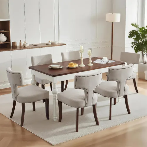 Vista 4 de SoarFlash Juego de 2 sillas de comedor modernas de madera, silla tapizada de tela de lino de granja, respaldo curvado con clavos de cobre alrededor
