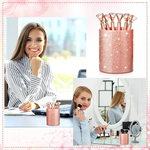 Vista 6 de BBTO Portalápices con 6 bolígrafos de diamantes brillantes, tazas para lápices para escritorio, organizador de escritorio con purpurina, soporte