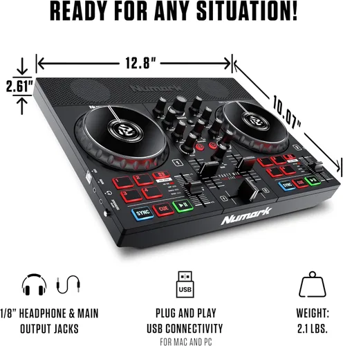 Vista 6 de Numark Party Mix Live DJ Controller con altavoces, luces, 2 cubiertas, mezclador, interfaz de audio y Serato Lite