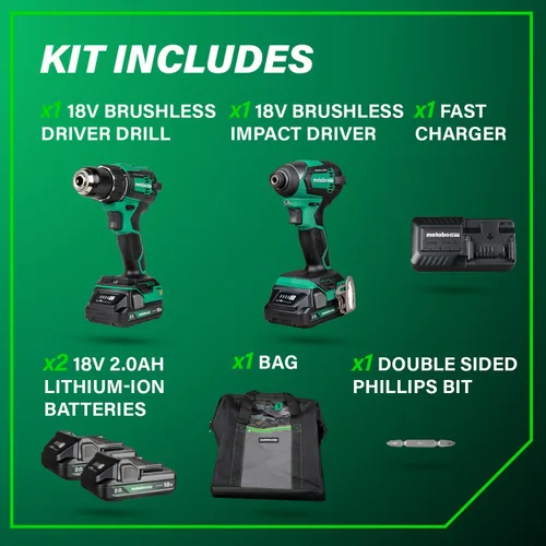 Vista 5 de Metabo HPT Kit combinado de taladro conductor inalámbrico sin escobillas multivoltios de 18 V y destornillador de impacto, kit de herramientas