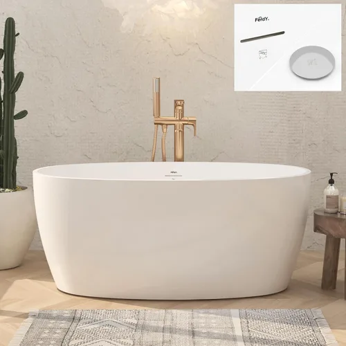 Vista 12 de FerdY Tahití - Bañera de acrílico independiente de 55 pulgadas, elegante bañera de remojo de forma ovalada, blanco brillante, drenaje dorado