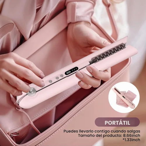 Vista 5 de Plancha sin cable, mini alisador de pelo y rizador para llevar (rosa)