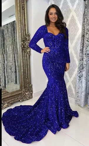 Vista 4 de Miao Duo Vestido de fiesta de sirena de manga larga para mujer con tren elástico brillante lentejuelas vestidos de noche formales YZTS090