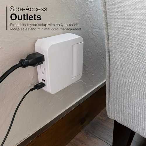 Vista 5 de GE Protector SurGE giratorio Pro de acceso lateral, extensor de 5 salidas con 2 puertos USB, adaptador de grifo de pared, estación de carga, 3