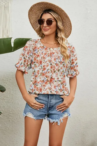 Vista 3 de Zeagoo Blusas para mujer, elegantes, informales, de primavera, con estampado floral, cuello redondo, manga corta abombada