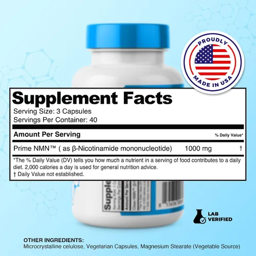 Vista 2 de Prime Powders Cápsulas NMN - 1000 mg por porción - Mononucleótido de nicotinamida estabilizado - Alta potencia extra fuerte - 120 cápsulas