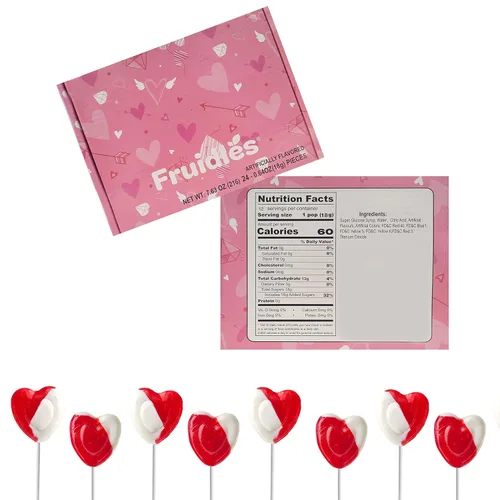 Vista 2 de Paletas para el día de San Valentín con forma de corazón rojo sabor fresa y crema, 24 paletas, envueltas individualmente