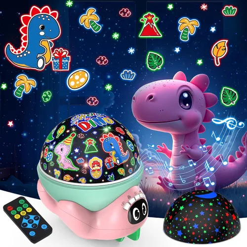 Vista 9 de Proyector de luz nocturna de dinosaurio para niños, juguetes verdes de dinosaurio para niños, luces de estrella con música y temporizador, lámpara