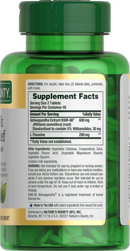 Vista 7 de Nature's Bounty Alivio del estrés, Ashwagandha KSM-66, apoya el alivio ocasional del estrés, suplemento dietético, 2 tabletas por día, tabletas