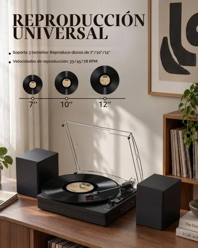 Vista 2 de Reproductor de discos de vinilo con dos altavoces estéreo, tocadiscos con reproducción Bluetooth de 3 velocidades, entrada AUX para auriculares