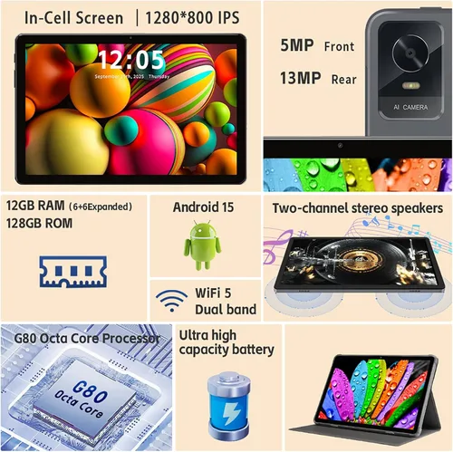 Vista 2 de Tablet Android de 10.1 pulgadas, tableta Android 15 para adultos con procesador Octa-Core, 12 GB de RAM 128 GB ROM (hasta 2 TB), pantalla de 1280 ×