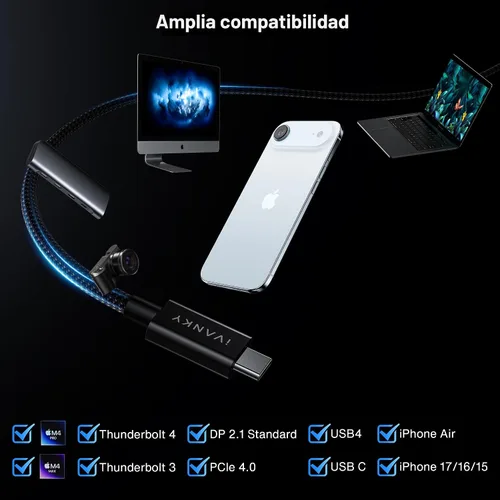 Vista 7 de IVANKY Certificado Intel Cable Thunderbolt 5 de 3.3 pies, hasta 120 Gbps y 240 W, cable Thunderbolt trenzado premium de 80 Gbps, compatible