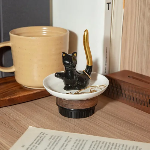 Vista 3 de Lynagert Soporte para anillos de gato, plato de cerámica para joyas, bandeja para anillos, aretes, organizador de baratijas, regalos divertidos