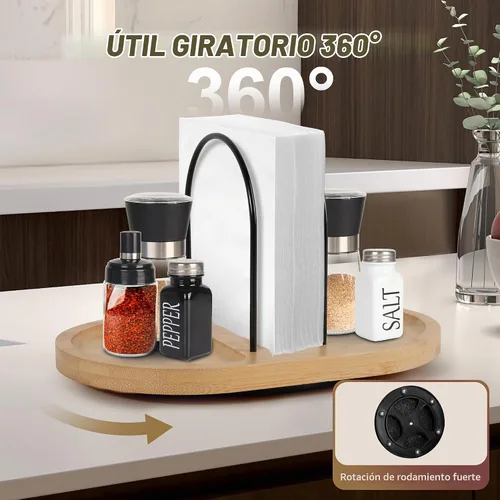Vista 2 de Servilletero para mesa, dispensador giratorio con salero y pimentero, soporte de bambú, almacenamiento rústico de servilletas de metal para mesa