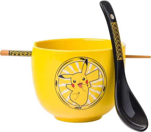 Vista 13 de Silver Buffalo Pokemon Spring Flowers con Pikachu, Bulbasaur, Squirtle y Charmander Tazón de cerámica para fideos ramen y arroz con palillos, apto