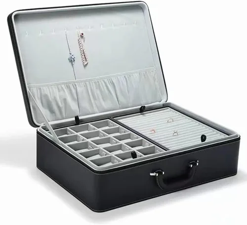 Vista 2 de Caja de Joyería Portátil Grande Organizador Comercial con Asa y Cremallera, Estuche de Accesorios de Piel Sintética con Bandejas, Regalo